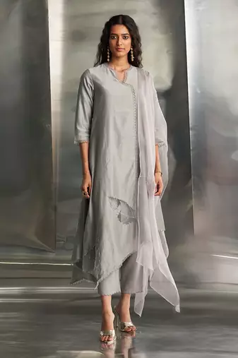 Grey steel chanderi kurta set