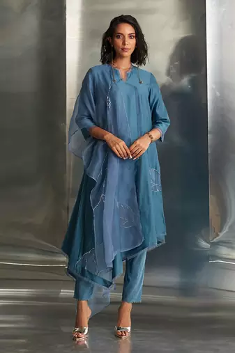 Blue steel chanderi kurta set