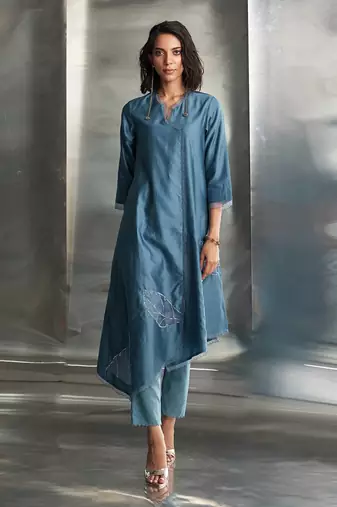 Blue steel chanderi kurta set