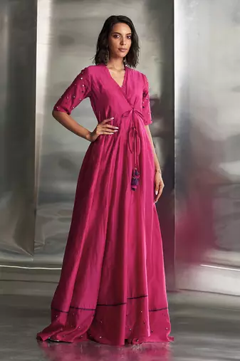 Pop pink chanderi kurta set