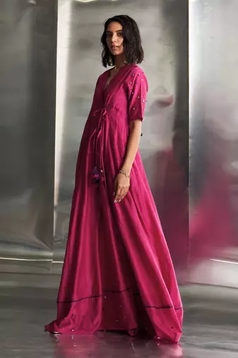 Pop pink chanderi kurta set