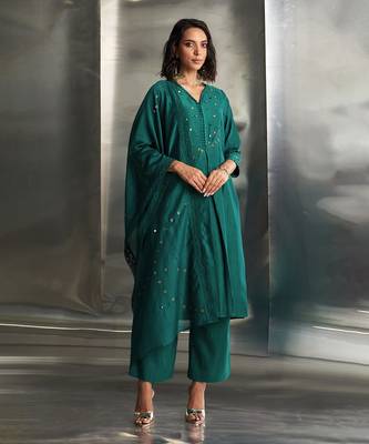 Emerald green chanderi kurta set 1