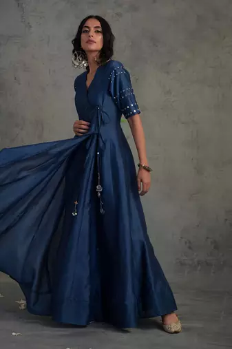 Sapphire blue chanderi anarkali set