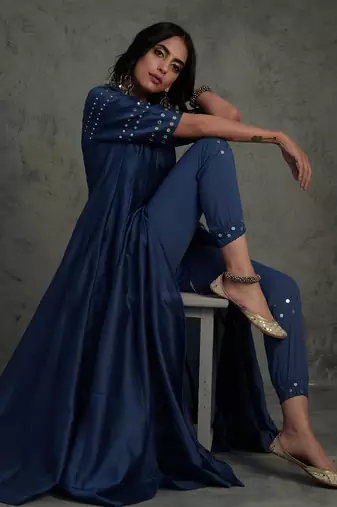 Sapphire blue chanderi anarkali set