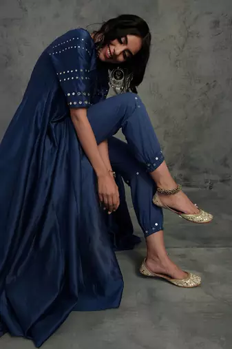 Sapphire blue chanderi anarkali set