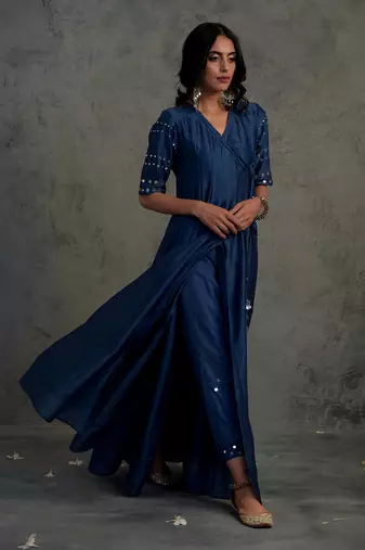 Sapphire blue chanderi anarkali set