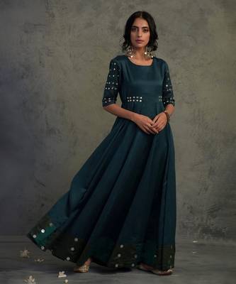 Teal blue chanderi anarkali set 1