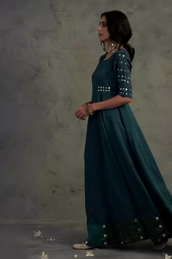 Teal blue chanderi anarkali set