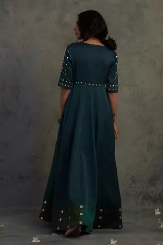 Teal blue chanderi anarkali set