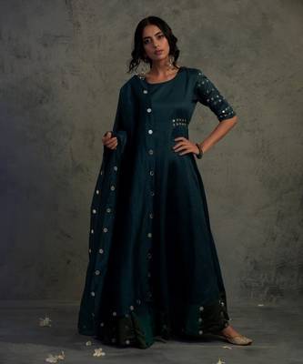Teal blue chanderi anarkali set 4