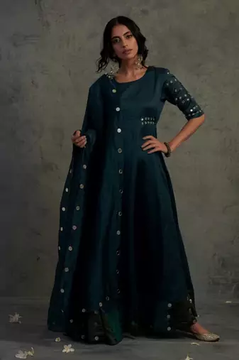 Teal blue chanderi anarkali set