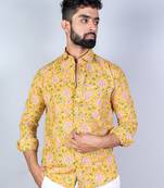 Yellow floral printed kantha cotton full sleeve shirt