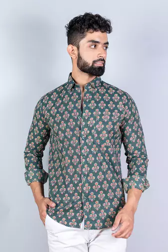 Green floral printed kantha cotton full sleeves shirt