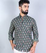 Green floral printed kantha cotton full sleeves shirt