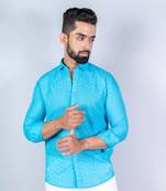 Sky blue embroidered full sleeves cotton shirt