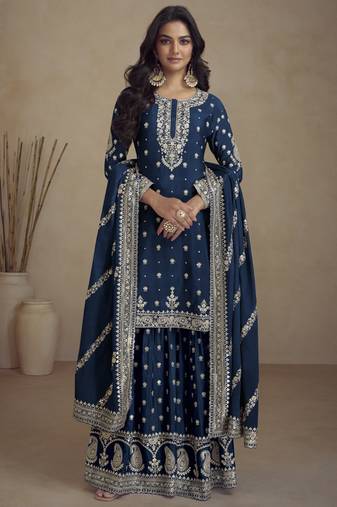 Blue real chinon embroidery designer sharara suit
