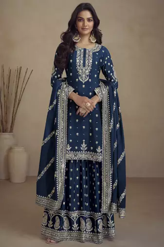 Blue real chinon embroidery designer sharara suit