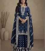 Blue real chinon embroidery designer sharara suit