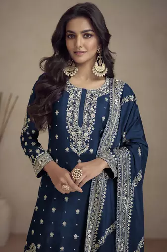Blue real chinon embroidery designer sharara suit