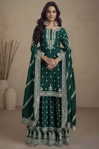 Green real chinon embroidery designer sharara suit