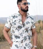 Grey floral printed half sleeves cotton shirt