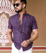 Blue floral block printed half sleeves cotton shirt