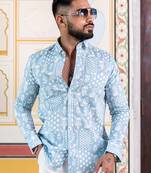 Pale blue bandana floral printed full sleeves cotton shirt
