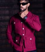 Burgundy 4 pockets with belt full sleeves linen shirt