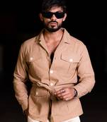 Light brown 4 pockets with belt full sleeves linen shirt