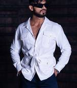 White 4 pockets with belt full sleeves linen shirt
