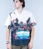 Sunset lake side view graphic printed oversized white crepe shirt