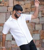 White oversized checks popcorn texture half sleeves shirt