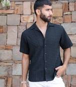 Black oversized checks popcorn texture half sleeves shirt