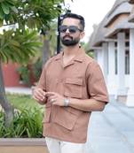 Brown 3 pockets oversized twill cotton half sleeves shirt