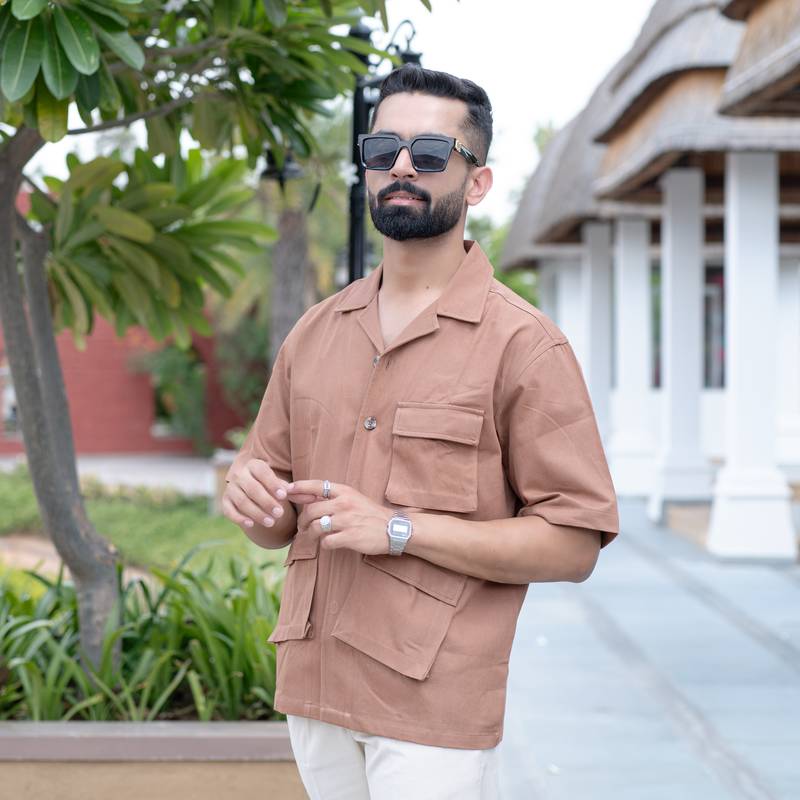 Brown 3 pockets oversized twill cotton half sleeves shirt