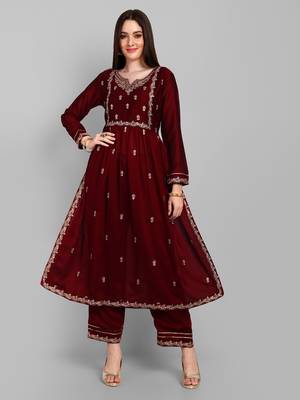 Women's new vichitra silk maroon colour with embroidery work flaired nayra cut kurta with pant 1
