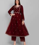 Women's new vichitra silk maroon colour with embroidery work flaired nayra cut kurta with pant