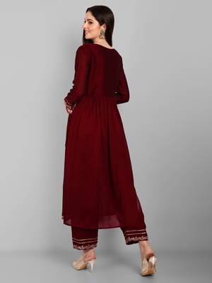 Women's new vichitra silk maroon colour with embroidery work flaired nayra cut kurta with pant 2