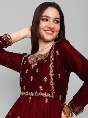 Women's new vichitra silk maroon colour with embroidery work flaired nayra cut kurta with pant 3