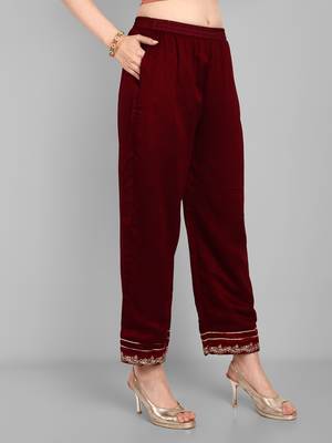 Women's new vichitra silk maroon colour with embroidery work flaired nayra cut kurta with pant 4
