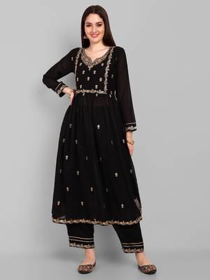 Women's new vichitra silk black colour with embroidery work flaired nayra cut kurta with pant 1