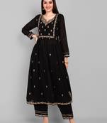 Women's new vichitra silk black colour with embroidery work flaired nayra cut kurta with pant