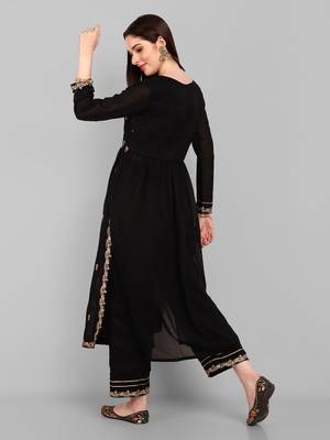 Women's new vichitra silk black colour with embroidery work flaired nayra cut kurta with pant 2
