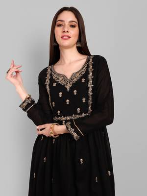 Women's new vichitra silk black colour with embroidery work flaired nayra cut kurta with pant 3