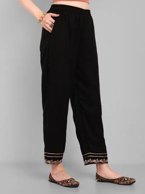 Women's new vichitra silk black colour with embroidery work flaired nayra cut kurta with pant 4