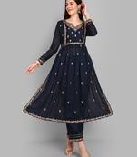 Women's new vichitra silk navy blue colour with embroidery work flaired nayra cut kurta with pant