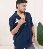 Navy blue poly crepe zipper oversized shirt