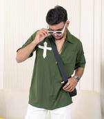 Bottle green poly crepe zipper oversized shirt