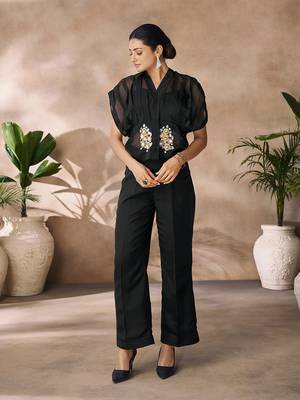 Fashionable black women's shirt top and pant set 2