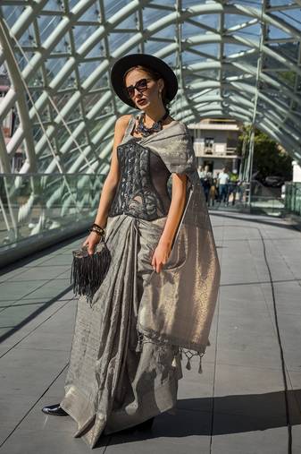 Grey Katan Silk Weaving Zari Work Party Saree